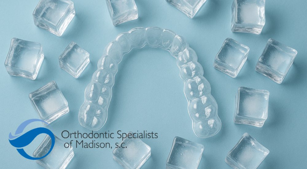 clear aligners on the table with ice cubes