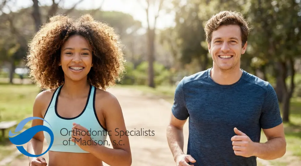 woman with braces and man running